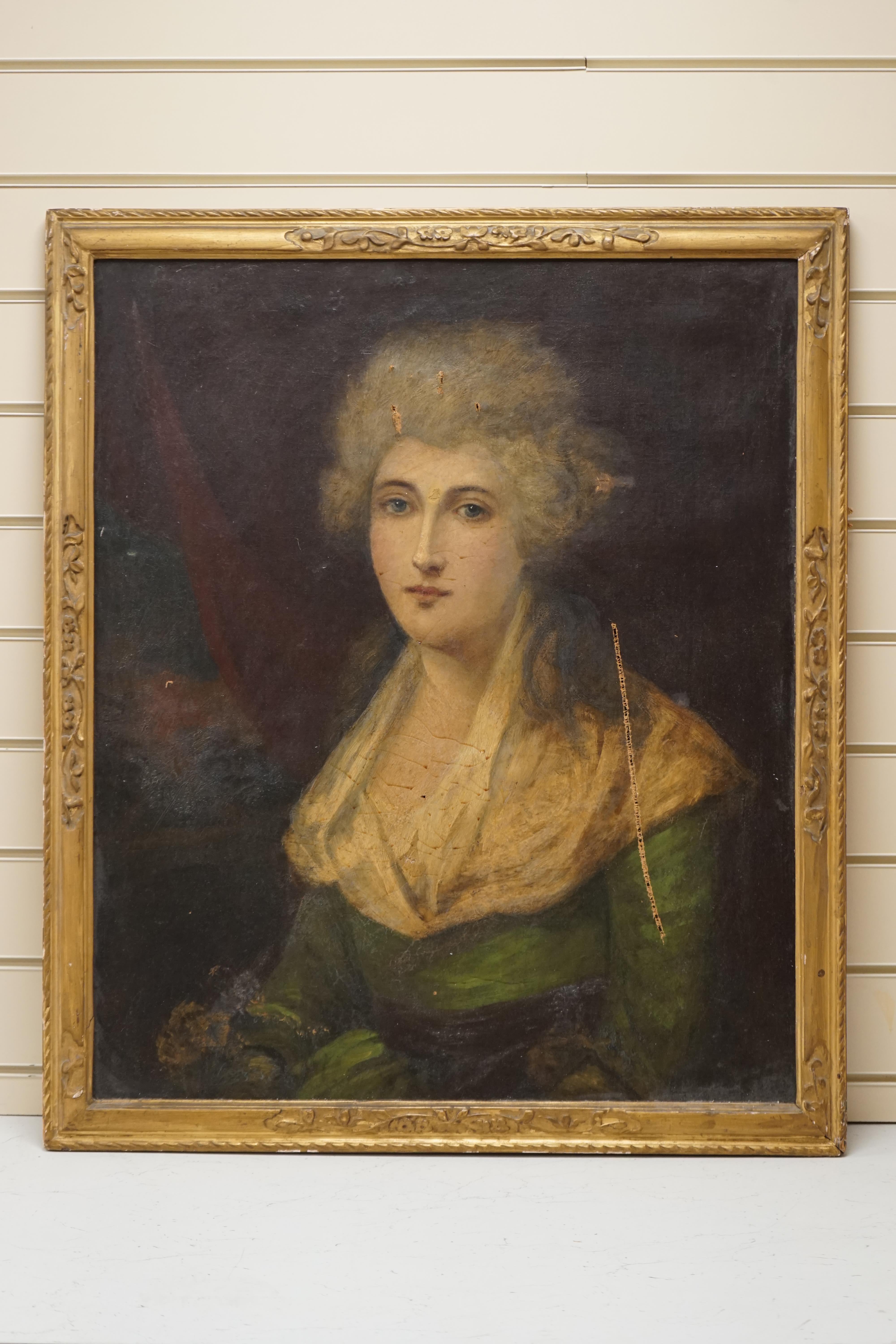 Late 18th century, English School, oil on canvas, Portrait of a lady, unsigned, 73 x 61cm, gilt framed. Condition - poor